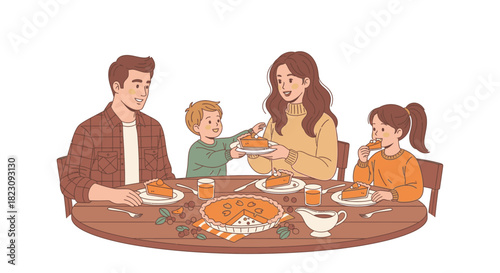 A happy family of four celebrating Thanksgiving together by eating pumpkin pie at a dinner table.