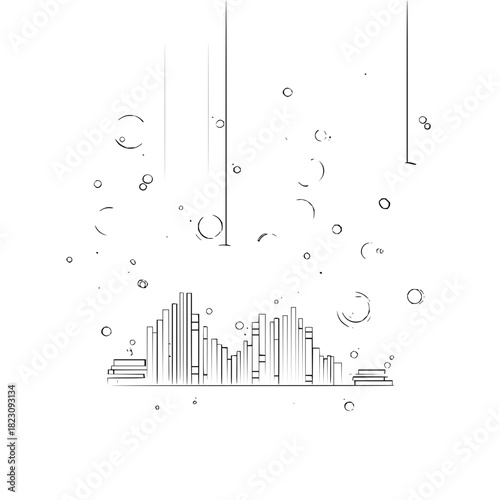A minimalist line drawing of a cityscape under falling rain, isolated on, creating a serene and contemplative scene