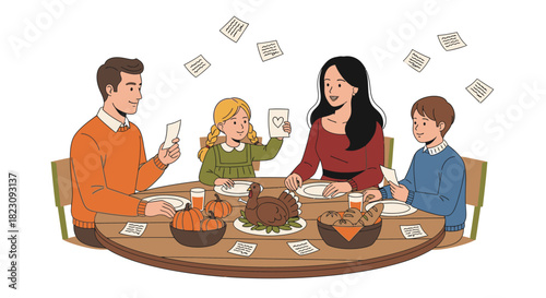 A family enjoys a Thanksgiving dinner, playing a card game at the table with a turkey and side dishes.