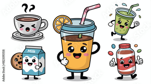Happy cartoon food and beverage characters