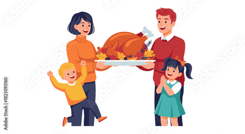 Family joyfully celebrates Thanksgiving, carrying a roasted turkey on a platter, ready to eat.