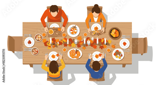 Top-down vector illustration of a family of four having a festive Thanksgiving dinner at a decorated wooden table.