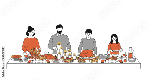 A family gathers around a long table laden with Thanksgiving dinner, preparing to celebrate the holiday.