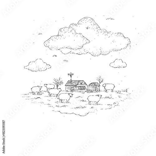 A charming countryside scene featuring sheep grazing near a quaint farmhouse, all under a fluffy cloud, isolated on