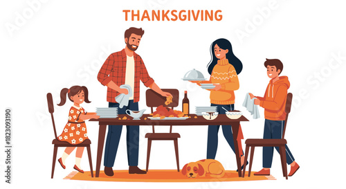 A happy family setting the table and preparing to enjoy a traditional Thanksgiving dinner together.