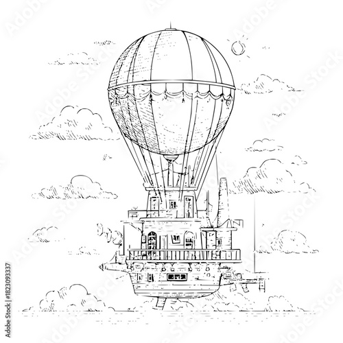 Whimsical steampunk airship soars through a cloudy sky, a fusion of victorian elegance and futuristic fantasy isolated on