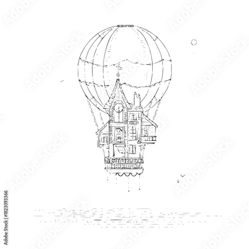 Whimsical flying house with balloon isolated on, a dreamy escape into a world of imagination and adventure