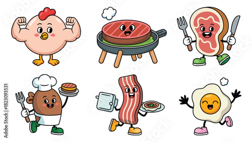 Funny food mascots meal prep illustration