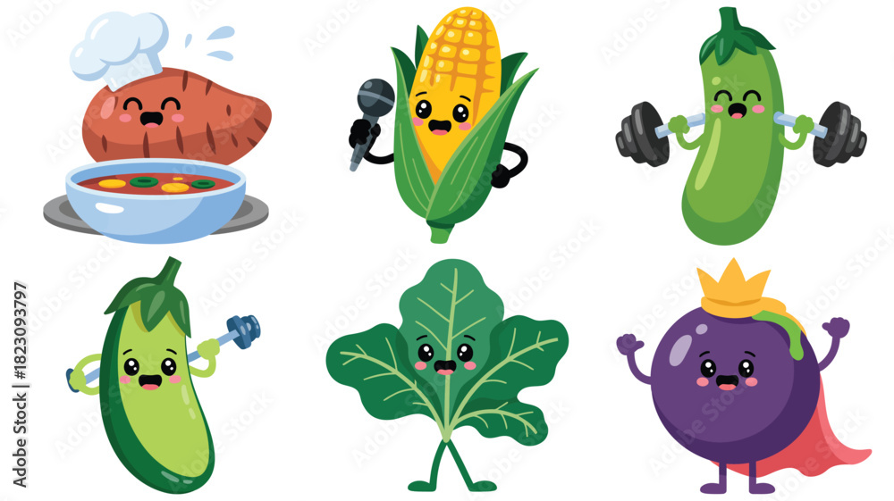 Obraz premium Happy cartoon vegetables performing actions