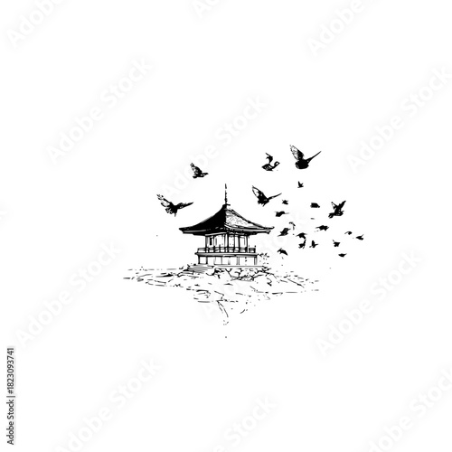 A serene pagoda stands amidst a flock of birds, isolated on, evoking tranquility and harmony in nature