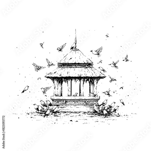 A hand drawn illustration of a bird feeder surrounded by birds, isolated on, creating a peaceful and natural scene