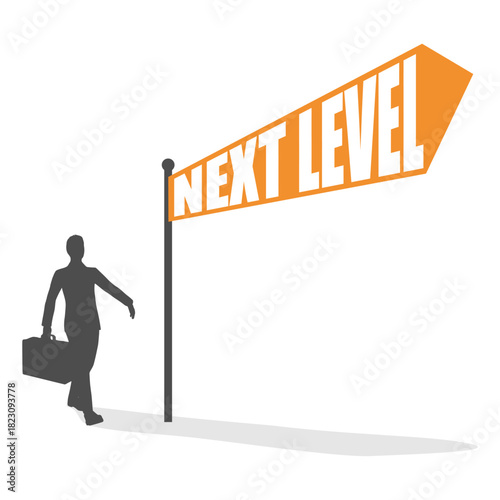 Businessman with briefcase. Road sign with next level text. Way choosing metaphor. Step out of comfort zone or safe zone. Personal growth and development.