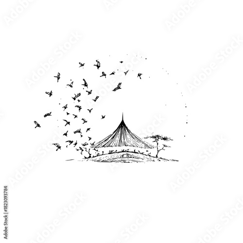 A captivating ink drawing of a tent on a hill, surrounded by a flock of birds, isolated on