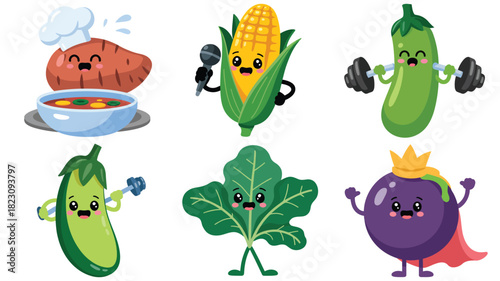Happy cartoon vegetables performing actions