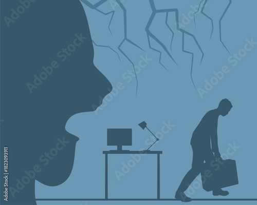 Unhappy businessman dismissed from his job. Unemployment business concept. Layoff, crisis, employee job reduction. Aggressive boss blaming and threatening his worker.