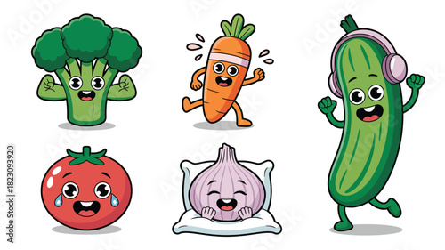 Happy, sad, active cartoon vegetable icons
