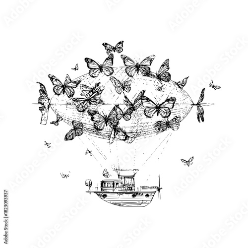 Whimsical boat floats away carried by a swarm of butterflies isolated on in a vintage style drawing