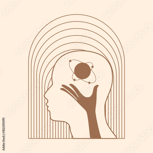 Human head with hand holding atom inside. Medicine, education and science concept. Positive thinking. Good mental health condition. Personal growth and development. Creativity and innovation.