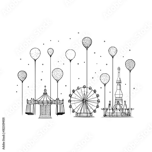 Whimsical amusement park line art featuring a carousel, ferris wheel, and balloons isolated on