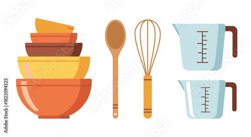 A collection of baking and cooking utensils including a stack of bowls, a wooden spoon, a whisk, and measuring cups.