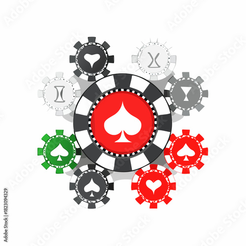 Dynamic illustration of poker chips forming a circular pattern, featuring a central red spade, representing casino entertainment, fortune, and card game excitement
