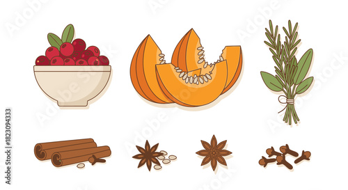 A collection of autumnal ingredients including cranberries, pumpkin slices, rosemary, cinnamon sticks, star anise, and cloves, suggesting seasonal cooking and baking.