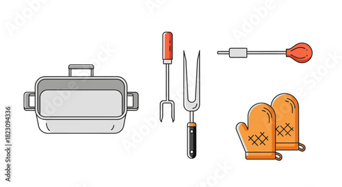 A collection of essential kitchen tools for cooking and baking, including a roasting pan, meat forks, a basting tool, and oven mitts.