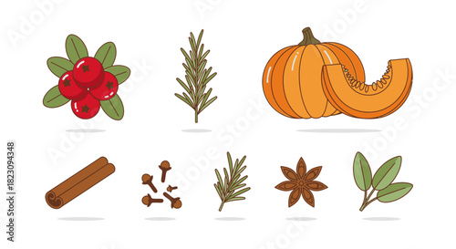 A colorful illustration featuring various autumn-themed ingredients and spices, perfect for culinary projects.
