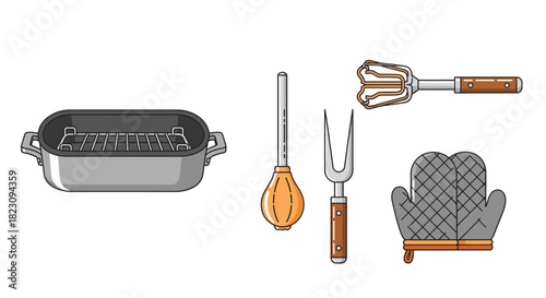 Illustration of roasting pan, baster, fork, meat tenderizer, and oven mitts.