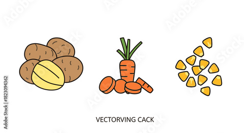 A set of colorful vector icons showing potatoes, carrots, and corn kernels isolated on a white background.