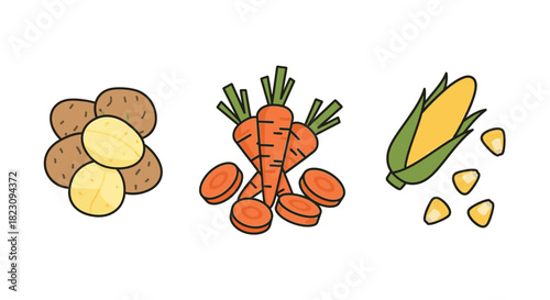 A collection of fresh vegetables including potatoes, carrots, and corn on a white background.