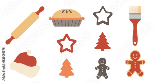 A collection of baking tools and festive Christmas cookies and cutters, including a rolling pin, pie, star shapes, gingerbread men, and Santa hat.