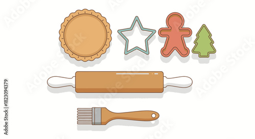 An illustration of baking tools and cookie cutters, perfect for holiday treats.