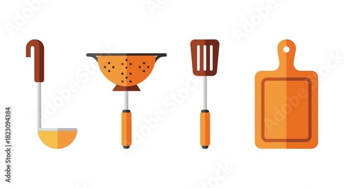 A set of four essential kitchen utensils: a ladle, colander, spatula, and cutting board in a flat design style.