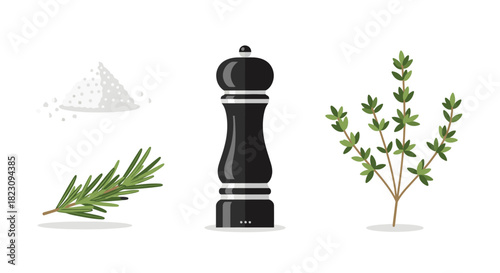 A collection of common cooking ingredients including salt, pepper, rosemary, and thyme.