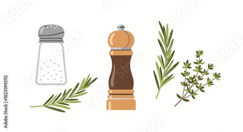 A collection of culinary seasonings including a salt shaker, a pepper grinder, and sprigs of rosemary and thyme.