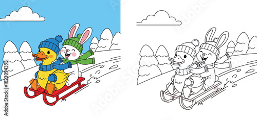 Cute Cartoon Duck and Rabbit Sledding Down Snowy Hill. Happy Animal Friends Playing Winter Sport on Red Sled with Warm Hats and Scarves for Kids Design Vector Illustration.
