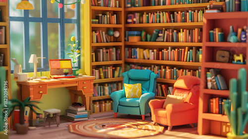 Fototapeta Naklejka Na Ścianę i Meble -  3d isometric low-poly clay home library tall bookshelf