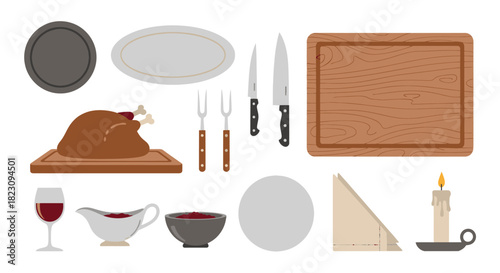 A collection of Thanksgiving dinner elements including a roasted turkey, carving tools, and serving dishes.