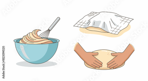Three-part illustration showcasing the process of preparing dough, including mixing, resting, and shaping.