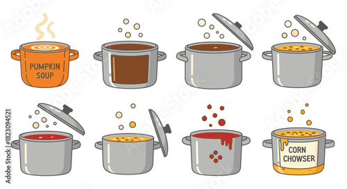 Cartoon illustration of various soups cooking in pots.