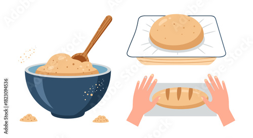 Illustration of the bread making process: mixing, proofing, and shaping the dough.