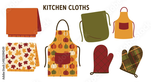A collection of kitchen cloths, including aprons, oven mitts, and dish towels, with autumnal designs.