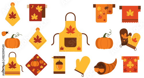 Autumn-themed kitchen and home decor items with maple leaves, pumpkins, and acorns on a white background.