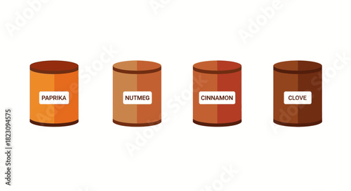 Four spice containers labeled paprika, nutmeg, cinnamon, and clove.