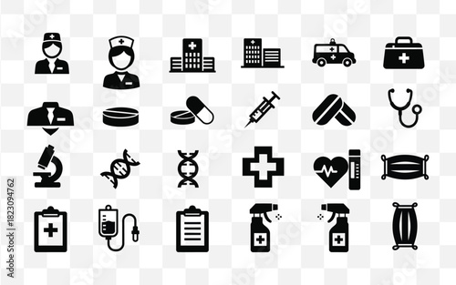 Collection of medical and healthcare icons in black silhouette style