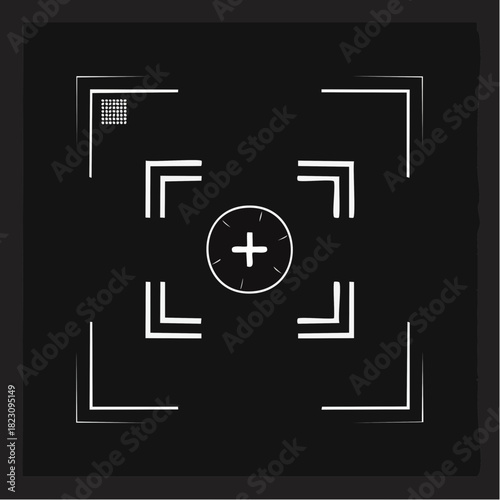 Geometric futuristic scope interface featuring a precise targeting system and abstract digital elements on a black background