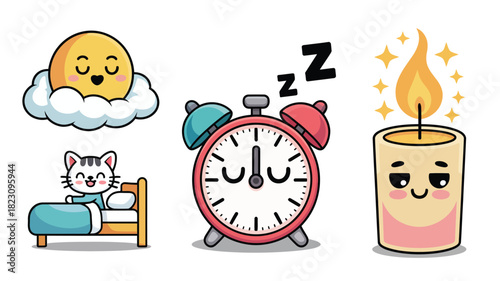 Cute sleep time objects cartoon vector set.