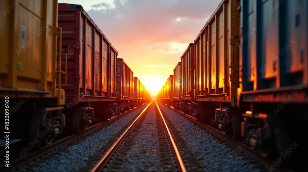 Obraz premium Freight train wagons on railway tracks at sunset with electric lines and warm light along transportation route