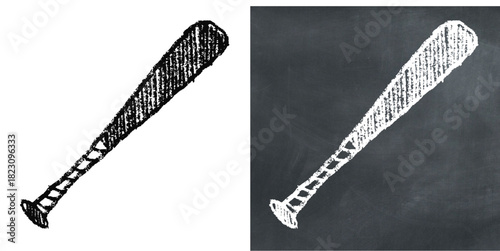 Chalk Handdrawn Baseball Bat Vector Ideal for sports, equipment, and educational projects, featuring a rough, sketched baseball bat on a chalkboard background.